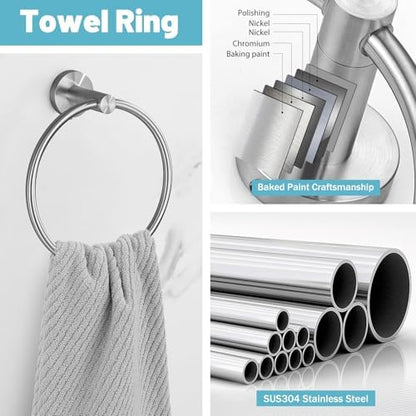 Brushed Nickel Bathroom Hardware Set, 6 Pieces Towel Bar Bathroom Accessories Set Toilet Paper Holder Towel Holder Towel Ring and Towel Hooks Wall Mounted, SUS304 Stainless Steel Towel Rack Set