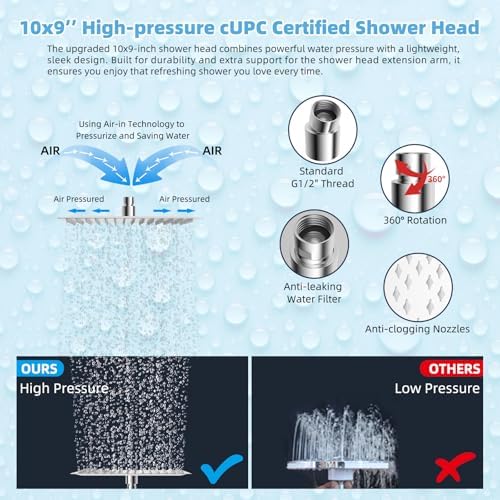 Hibbent All Metal CUPC Certified 10'' Rain Shower Head, Dual Shower Head Combo, High Pressure Handheld 4 Sprays Shower Wand, 16'' Adjustable Extension Arm, 71'' Hose, Shower Holder, Chrome