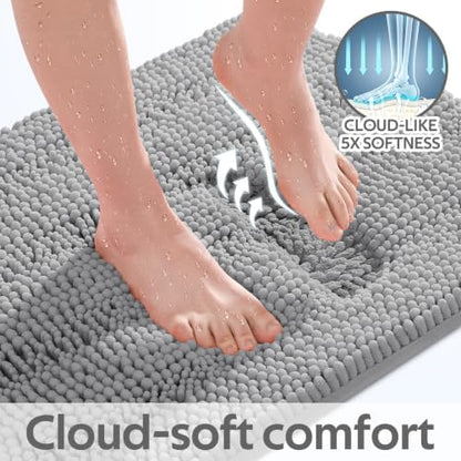 ACCUMTEK Striped Light Grey Toilet Bathroom Rug Mat Set 2 piece Rug Ultra Soft, Non Slip Chenille Bath Rugs, Absorbent Plush Shaggy Bath Mats for Bathroom, Bedroom, Kitchen, Shower, Tub