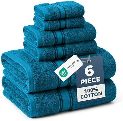 LANE LINEN Towel Set Quick Dry 100% Cotton 6 Piece Soft - Sea Port