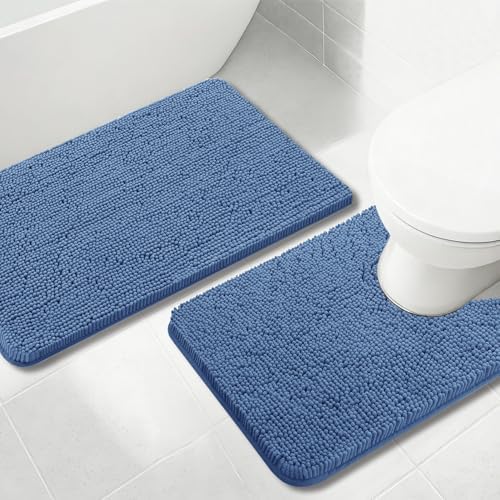 Bathroom Rugs Chenille, Extra Thick and Absorbent, Non-Slip, Machine Washable, Dry Quckily, Soft Cozy Plush, Used Under Shower Bathtub and Sink, Bath mat Sets Fog Blue