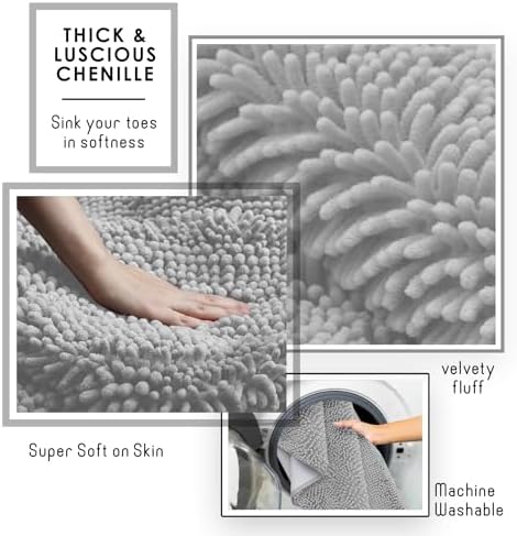 Hearth & Harbor Bathroom Rugs, Chenille Bath Mat - Machine Washable Bath Mats for Bathroom Non-Slip Backing Rubber, Quick Dry Bathroom Mat - Silver Bath Rug, 17x24