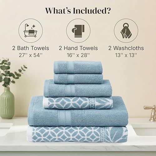 Modern Threads 6 Piece Bath Towel Set – Bathroom Set with 2 Bath Towels, 2 Hand Towels, and 2 Wash Cloths – 100% Cotton, Super Absorbent & Extra Soft – Reversible Botanical Vine (Blue)