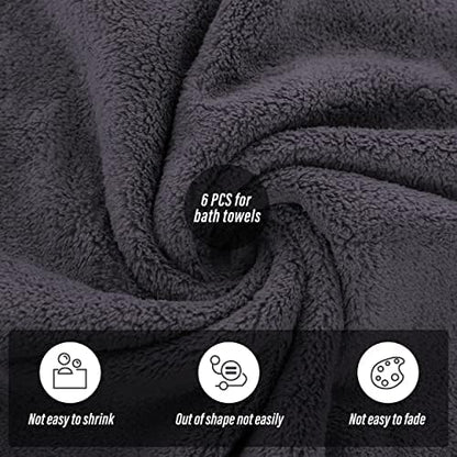 MOONQUEEN 6 Pack Premium Bath Towel Set - Quick Drying - Microfiber Coral Velvet Highly Absorbent Towels - Multipurpose Use as Bath Fitness, Bathroom, Shower, Sports, Yoga Towel (Dark Grey)