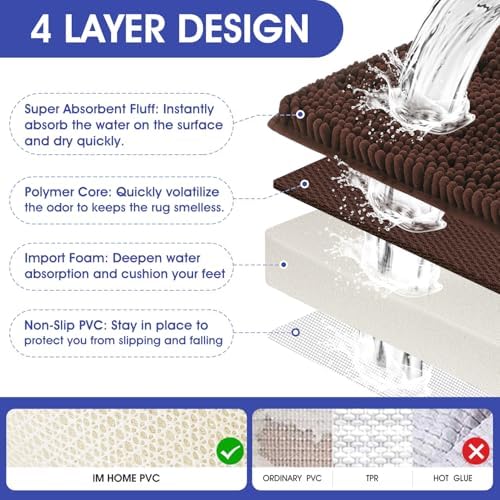 ACCUMTEK Striped Brown Bathroom Rug Mat 32"x20" Ultra Soft, Non Slip Chenille Bath Rugs, Absorbent Plush Shaggy Bath Mats for Bathroom, Bedroom, Kitchen, Shower, Tub