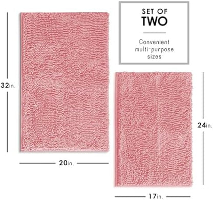 Hearth & Harbor Bathroom Rugs, Chenille Bath Mat - Machine Washable Bath Mats for Bathroom Non-Slip Backing Rubber, Quick Dry Bathroom Mat, 17 x 24 + 20 x 32 - Pink