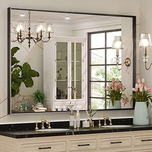 Keonjinn 48x36 Inch Black Bathroom Mirror for Over Sink, HD Tempered Glass