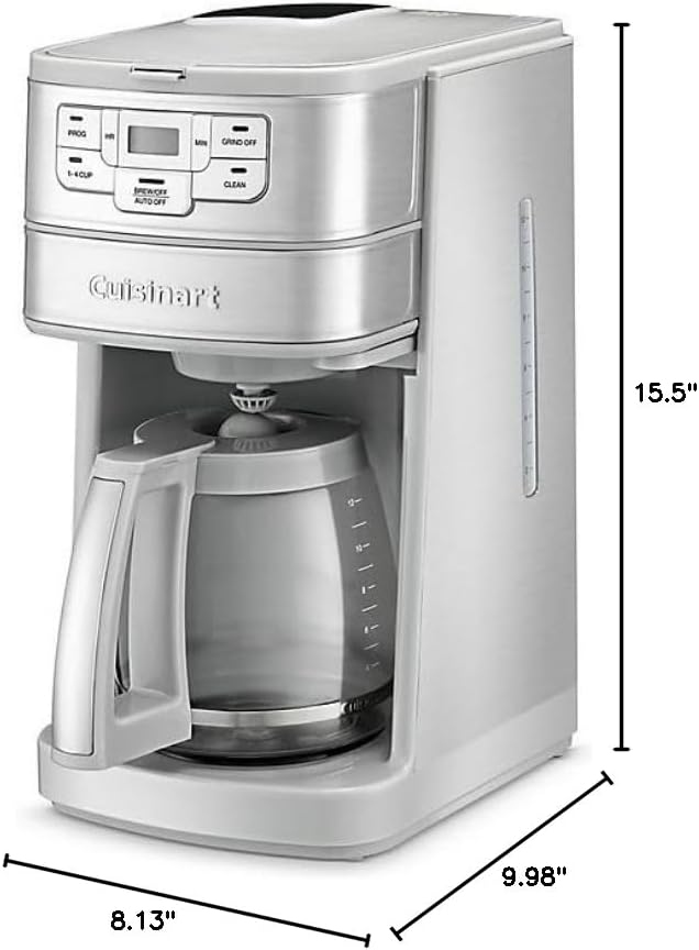 Cuisinart Automatic Grind & Brew 12-Cup Coffee Maker with Blade Grinder, Programmable Coffee Machine Glass Carafe with 1-4 Cup Setting, Brew Pause, Grind-Off Option, DGB-400, Stainless Steel
