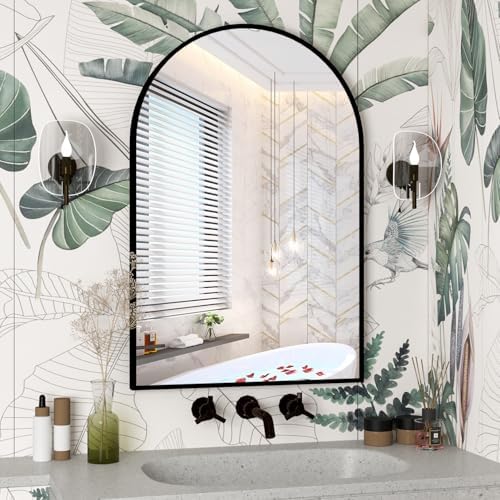 Wall Mounted Mirror, Arched Wall Mirror for Bathroom, 2 Pieces 24"x36" Arch Bathroom Mirror with Metal Frame, Black Vanity Mirror Decor for Mantle, Bedroom, Entryway, Living Room