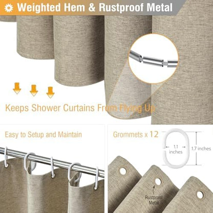 BTTN 72x78 Long Linen Textured Waterproof Fabric Shower Curtain, Khaki/Tan