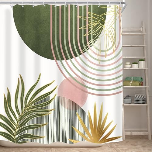 Mid Century Sage Green Pink Boho Abstract Bathroom Shower Curtain Set