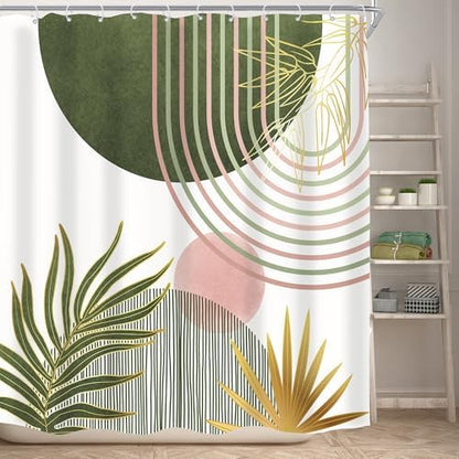 Mid Century Sage Green Pink Boho Abstract Bathroom Shower Curtain Set