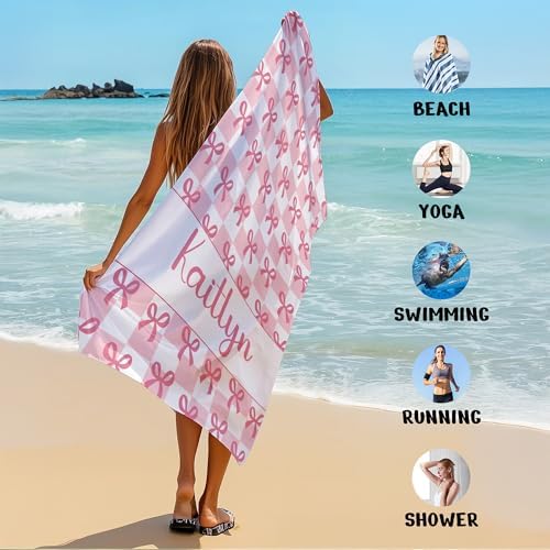JML Personalized Beach Towel with Name, Custom Beach Towel with Text, Customized Bow Microfiber Pool Towel, Quick Dry & Absorbent Swim Towel for Adult,Anniversary, Birthday, Summer Holiday,Vacation