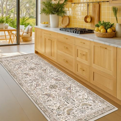 Vintage 2x8 Entryway Indoor Runner for Bathroom - Boho Floral & Bird Pattern Runner Rug for Kitchen Floor, Hallway, Laundry Room, Bedroom, Entrance, Washable Moss Non-Slip Stain & Fade Resistant