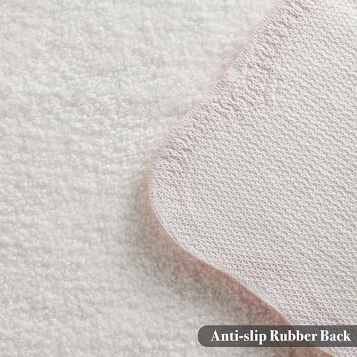 Luxury Microfiber Bathroom Rugs, White Bath Rug with Pink Scalloped Piping Cute Aesthetic Bath Mat for Bathroom, Tub, Floor Carpet, Sink, Shower, Anti Slip, Extra Soft, Absorbent, 26x16