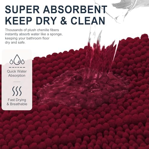 Smiry Thick Chenille Bathroom Runner Rugs 47x17, Soft Bath Mat, Burgundy