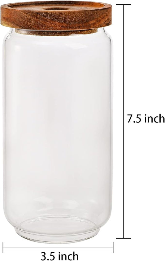 Bekith 3 Pack Glass Storage Containers with Airtight Seal Acacia Wood Lids, 31.6 FL OZ (950ml) Clear Glass Food Storage Jars for Kitchen, Glass Pantry Canister for Spaghetti Pasta, Coffee, Beans