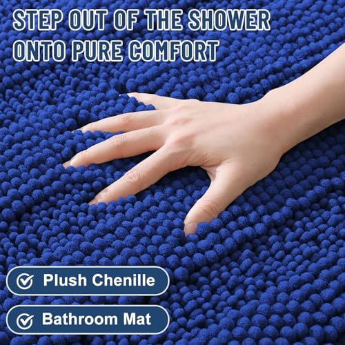 Grandaily Chenille Striped Bathroom Rugs 30x20, Extra Thick and Absorbent Bath Mats, Non-Slip Soft Plush Shaggy Shower Carpet, Machine Wash Dry, Bath Rug for Bathroom, (Medium, Cobalt Blue)