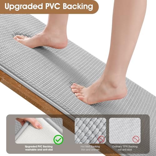 Memory Foam Bath Mat Set 3 Piece, Ultra Soft Absorbent Waffle Bathroom Rugs, Super Non-Slip PVC Backing Bath Rug Quick Dry, Machine Washable Rug for Tub, Shower, Home Decor Accessory, Light Gray