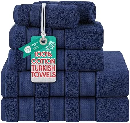 American Soft Linen Salem Turkish Bath Towel Set, 100% Cotton 600 GSM 6 Piece Towels for Bathroom, 2 Bath Towels 2 Hand Towels 2 Washcloths, Navy Blue