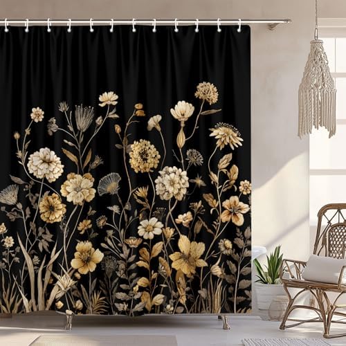 Vintage Boho Black Gold Floral Shower Curtain, Rustic Farmhouse Flower Shower Curtain Set, Cute Botanical Wlidflowers Fabric Shower Curtains Decoration, 72X72 Aesthetic Bathroom Accessories