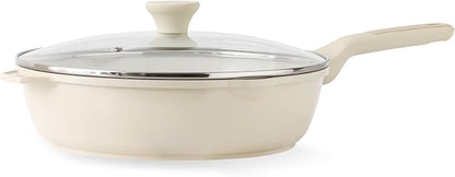 SENSARTE Nonstick Saute Pan with Lid 12-inch/5QT, Non Toxic Ceramic Deep Frying Pan, Dishwasher Safe Skillet with Stay-cool Handle, Healthy Cooking Pot, Induction Compatible, Cream White