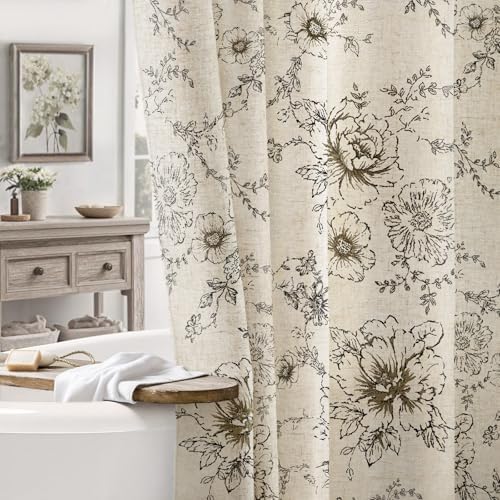 Farmhouse Floral Vintage Shower Curtain for Bathroom, Black and Tan Taupe
