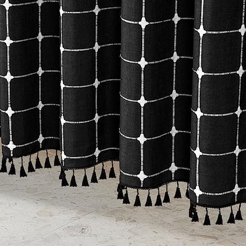 Boho Farmhouse Classic Plaid Linen Tassel Shower Curtain Black,72x78