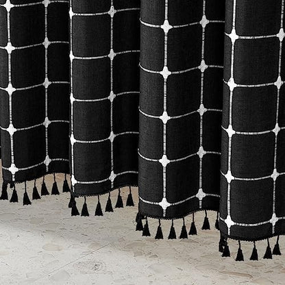 Boho Farmhouse Classic Plaid Linen Tassel Shower Curtain Black,72x78