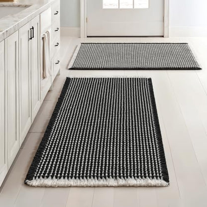 MIULEE Set of 2 Waffle Bathroom Rugs Boho Bath Mat Black&Cream 18x30 Inch