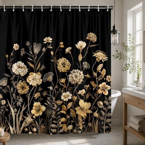 Vintage Boho Black Gold Floral Shower Curtain, Rustic Farmhouse Flower Shower Curtain Set, Cute Botanical Wlidflowers Fabric Shower Curtains Decoration, 72X72 Aesthetic Bathroom Accessories