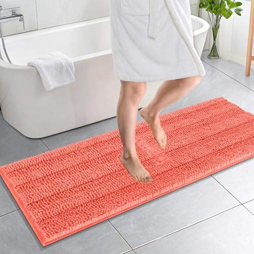 OLANLY Thick Bathroom Runner Rugs 59x20, Chenille Long Bath Rugs, Coral
