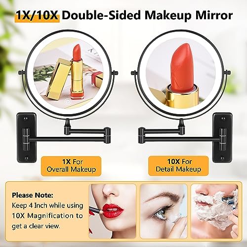 DECLUTTR Rechargeable Wall Mounted Lighted Makeup Mirror, 8 inch 10X Magnifying Mirror with 3 Color Lights, Dimmable Touch Screen Makeup Mirror with Lights for Bathroom, Black