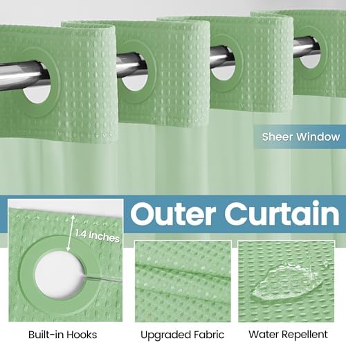 Heavyweight Waffle No Hook Shower Curtain with Liner, Mint Green, 71x74