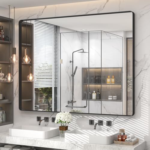 50x40 Inch Black Metal Framed Bathroom Mirror for Wall