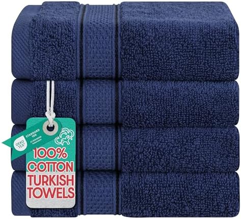 American Soft Linen Salem Washcloth Sets, 4 Piece Luxury 600 GSM 100% Cotton Washcloths for Bathroom, 13x13 inches Washrags Premium Quality Hand Face Towels, Navy Blue