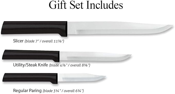 Rada Cutlery Housewarming Gift Set (G202) 3-Piece Knife Set with Quick Edge Sharpener (R119), Stainless Steel Blades, Black Handle