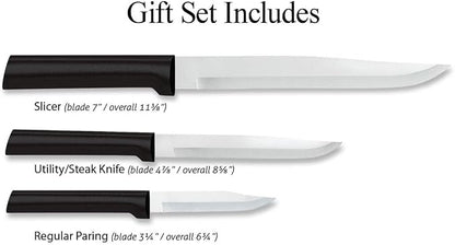Rada Cutlery Housewarming Gift Set (G202) 3-Piece Knife Set with Quick Edge Sharpener (R119), Stainless Steel Blades, Black Handle