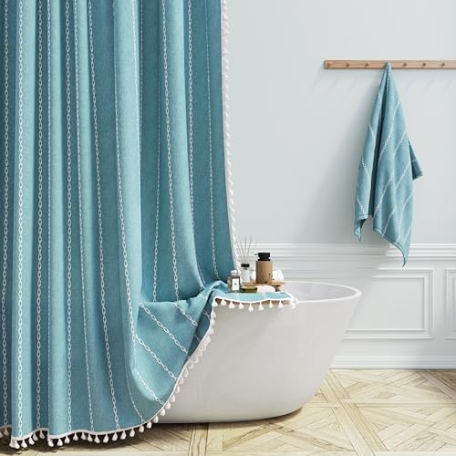 BTTN 72x96 Extra Long Boho Linen Heavy Duty Cloth Shower Curtain Set, Teal