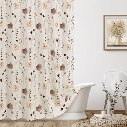 Gibelle Brown Linen Watercolor Floral Fabric Shower Curtain, 72x72