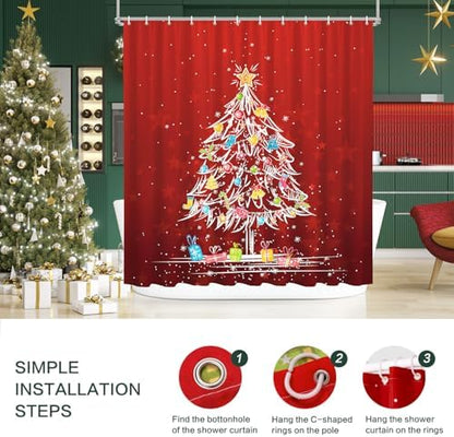 Shower Curtain Christmas, Holiday Shower Curtain Red Christmas Tree Candy Cane Stocking Jingle Bells Bulb Winter ShowerCurtain Waterproof Fabric Machine Washable Home Farmhouse Decor Bath Curtains