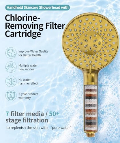SR SUN RISE Filtered Shower Head with Handheld High Pressure 9 Spray Mode Showerhead Detachable Shower Head Water Softener Filters Beads for Hard Water Remove Chlorine 4 Filters Brushed Gold