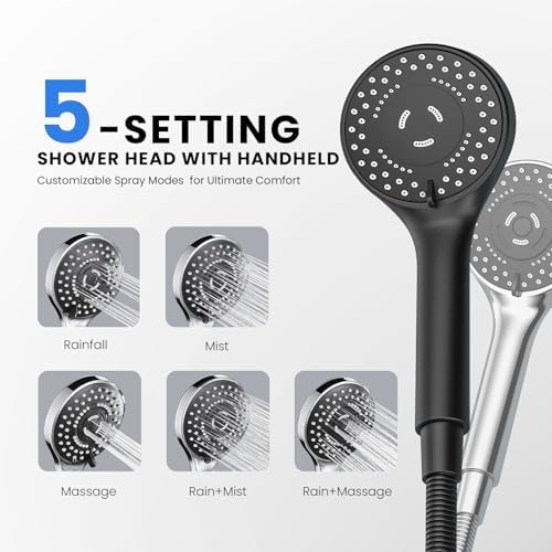 Black Rain Shower Head with Handheld Shower Head, 5 Spray Modes