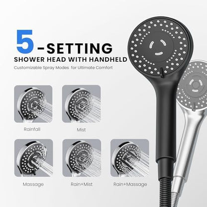 Black Rain Shower Head with Handheld Shower Head, 5 Spray Modes