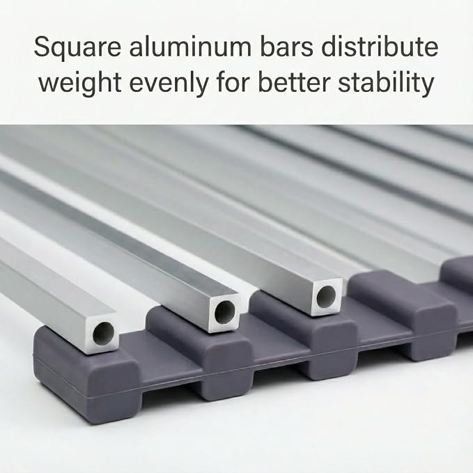Medium Aluminum Roll Up Dish Drying Rack (17" x 13") - Fits Sinks up to 16 Inches, Heavy Duty Square Bar, Rust-Proof & Heat Resistant with Removable Dish Holder (Purple Gray Medium)