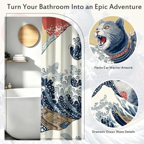 Aimego Funny Cat Shower Curtain Japanese Nautical Anime Ocean Sea Wave Cool Unique Asian Whimsical Humorous Bathroom Decor Bathtub Curtain Fabric Shower Curtain Set with 12 Hooks, 72"x72"