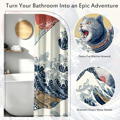 Aimego Funny Cat Shower Curtain Japanese Nautical Anime Ocean Sea Wave Cool Unique Asian Whimsical Humorous Bathroom Decor Bathtub Curtain Fabric Shower Curtain Set with 12 Hooks, 72"x72"