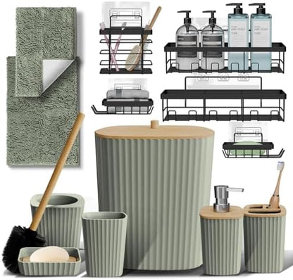 Clara Clark Bathroom Set - Sage Green Bathroom Accessories Set, 6PC Bathroom Accessory Set, Bathroom Sets with Bathroom Rugs, Adhesive Corner Shower Caddy Hanging, Toilet Brush & Trash Can