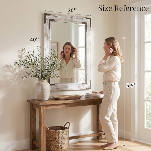 Distressed White 30x40 Inch Wood Bathroom Vanity Mirror, Rivets