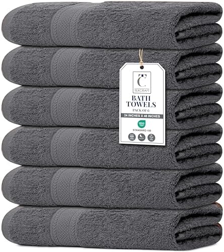 Medium Size Bath Towels Set of 6 – 100% Cotton Terry – 24" x 48" – Quick Dry, Soft & Highly Absorbent – Grey Towels for Bathroom, Gym, Spa, Pool & Daily Use